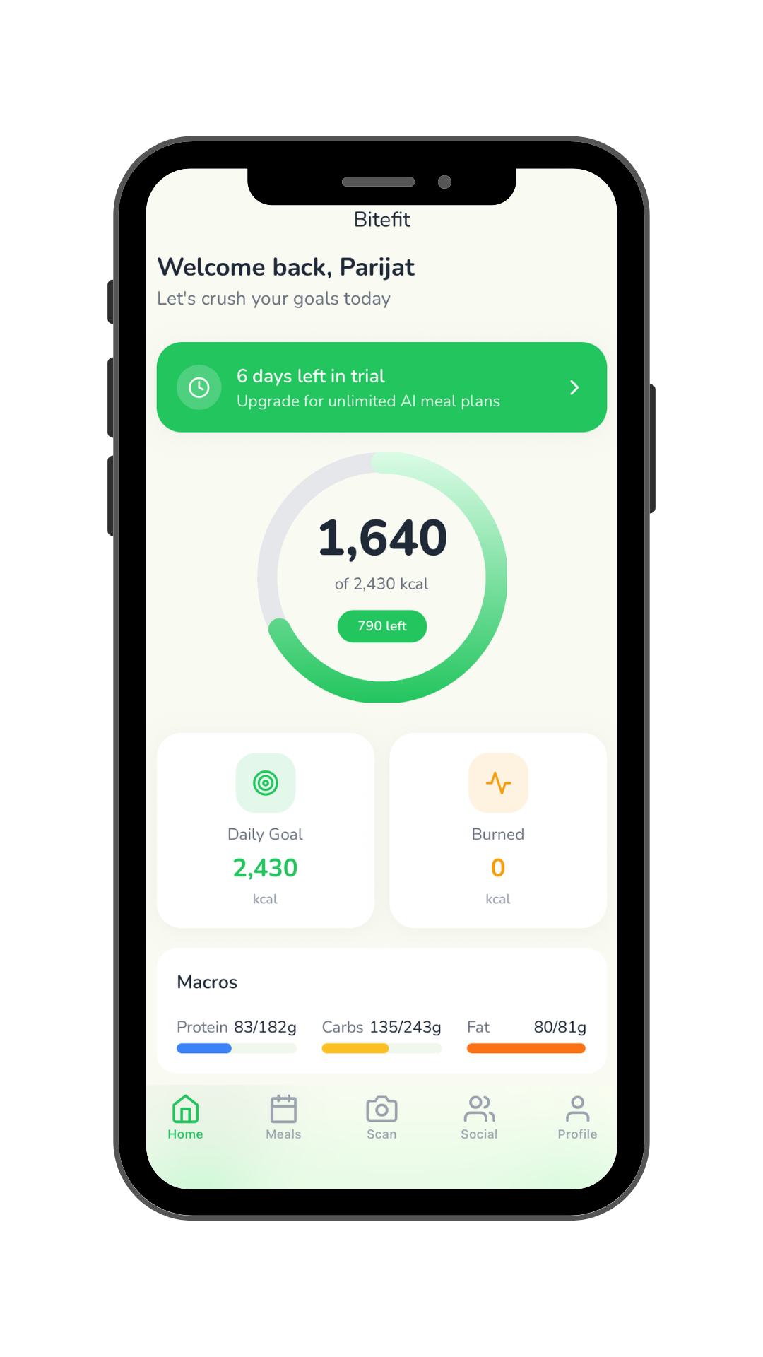 Bitefit Home Dashboard